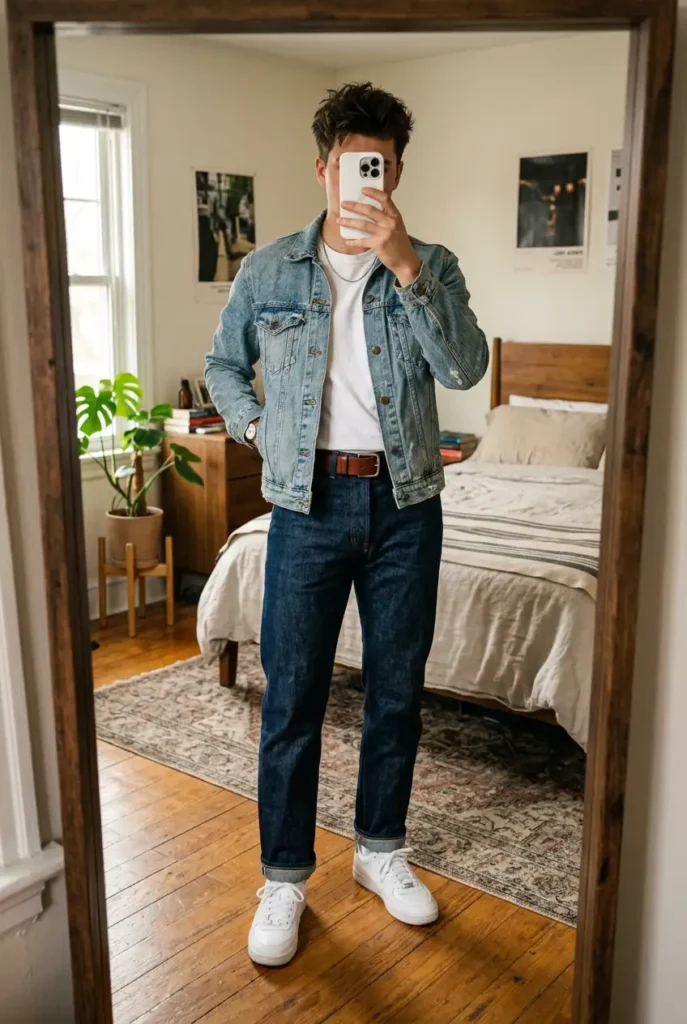 Denim-on-denim look representing iconic 90s style outfit ideas for men with layered washes and casual cool vibes