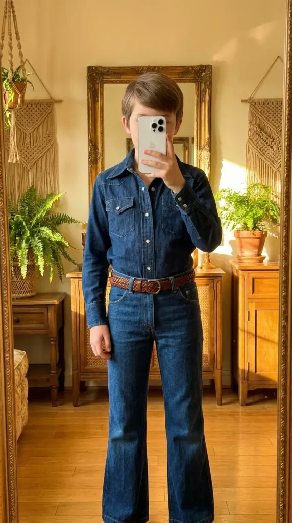 70s Outfit Ideas for Boys: classic denim-on-denim look with a wide-collar shirt, flared jeans, and a braided leather belt.