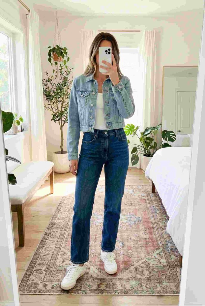 Denim on Denim light wash jacket with dark straight jeans and sneakers — classic 90s Outfit Ideas for Women.