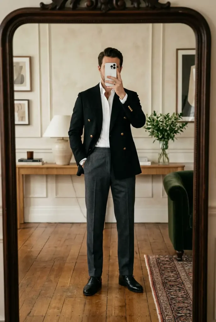 Old money black outfit ideas for men: double-breasted black blazer with an open white shirt and grey flannel trousers