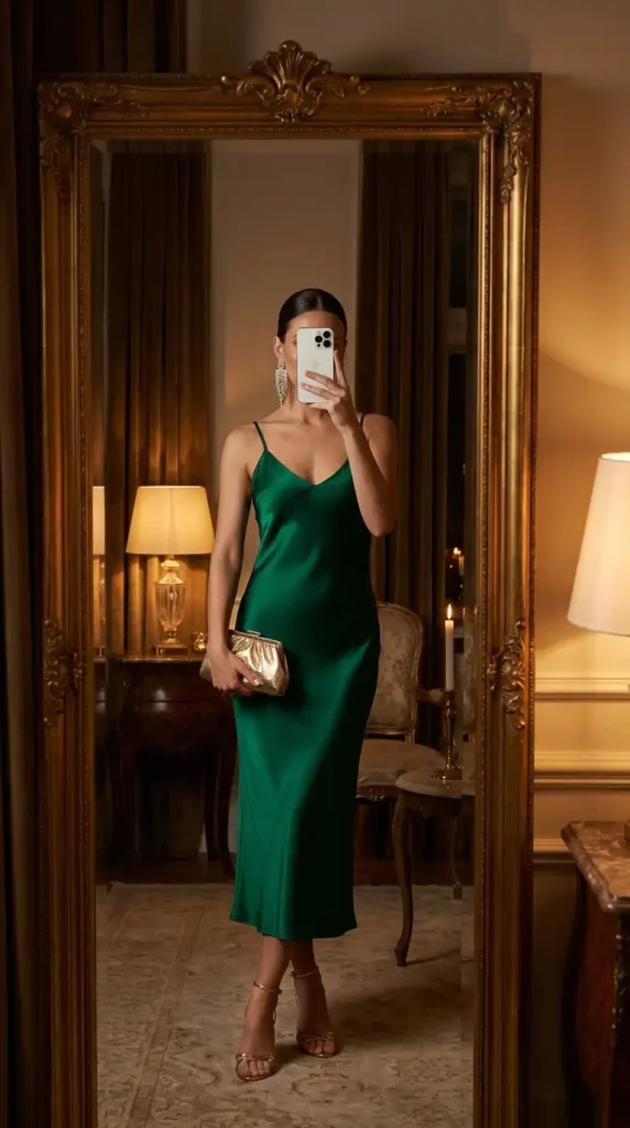 Elegant wedding guest outfit idea: emerald green satin slip dress with gold clutch and heels