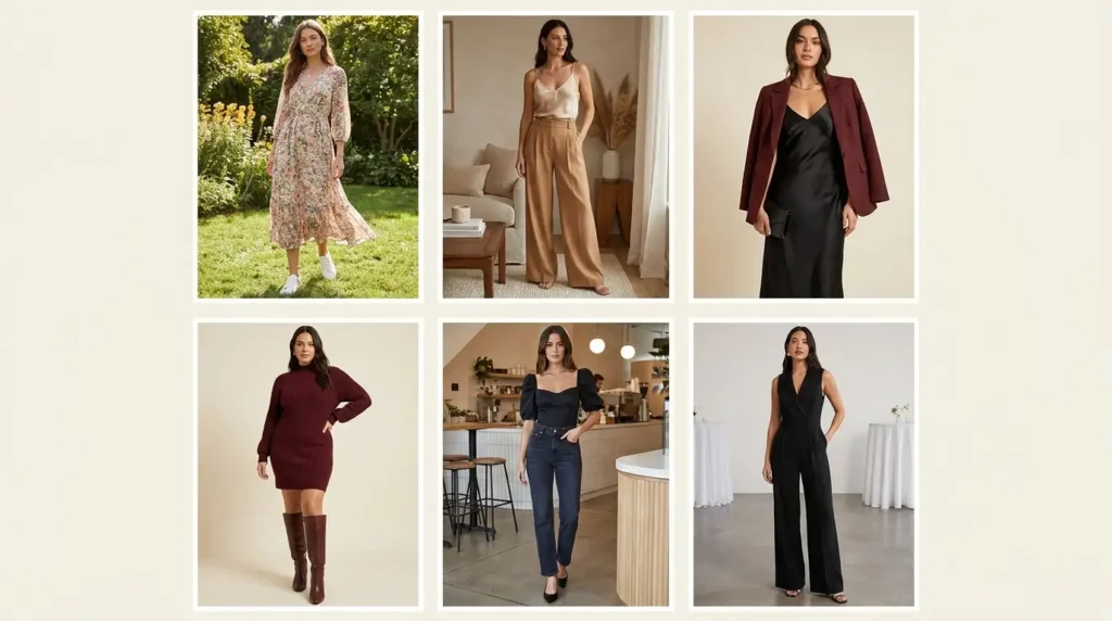 Family Birthday Outfit Ideas for Women featuring six stylish looks from floral dresses to jumpsuits