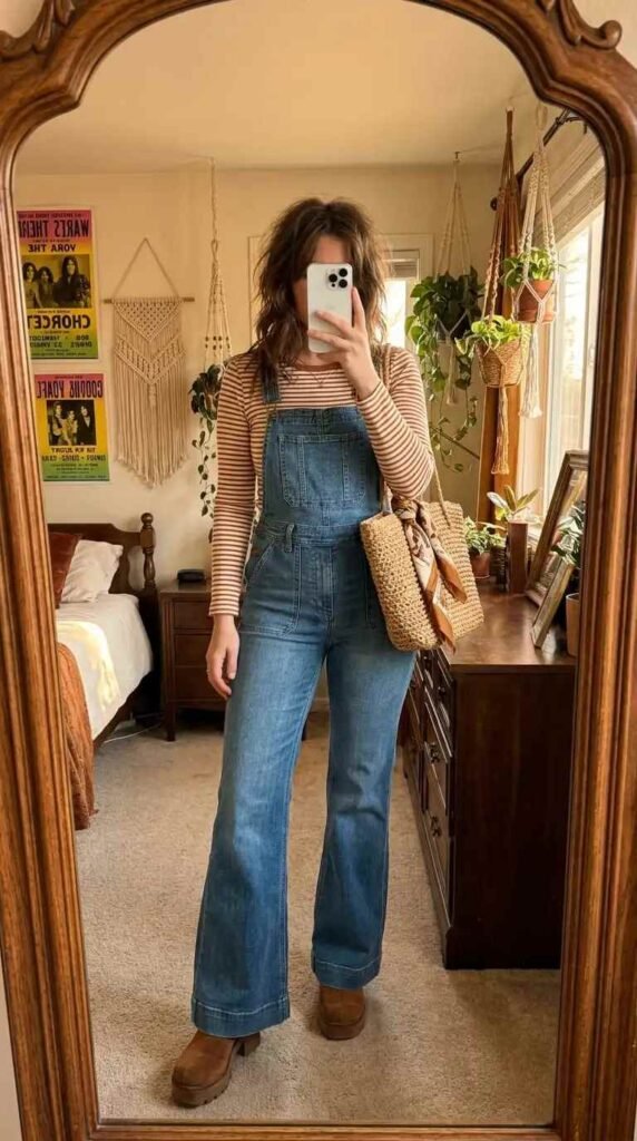Dreamy 70s Boho Outfit Ideas: flared denim overalls over a striped long-sleeve tee, styled with chunky boots.

