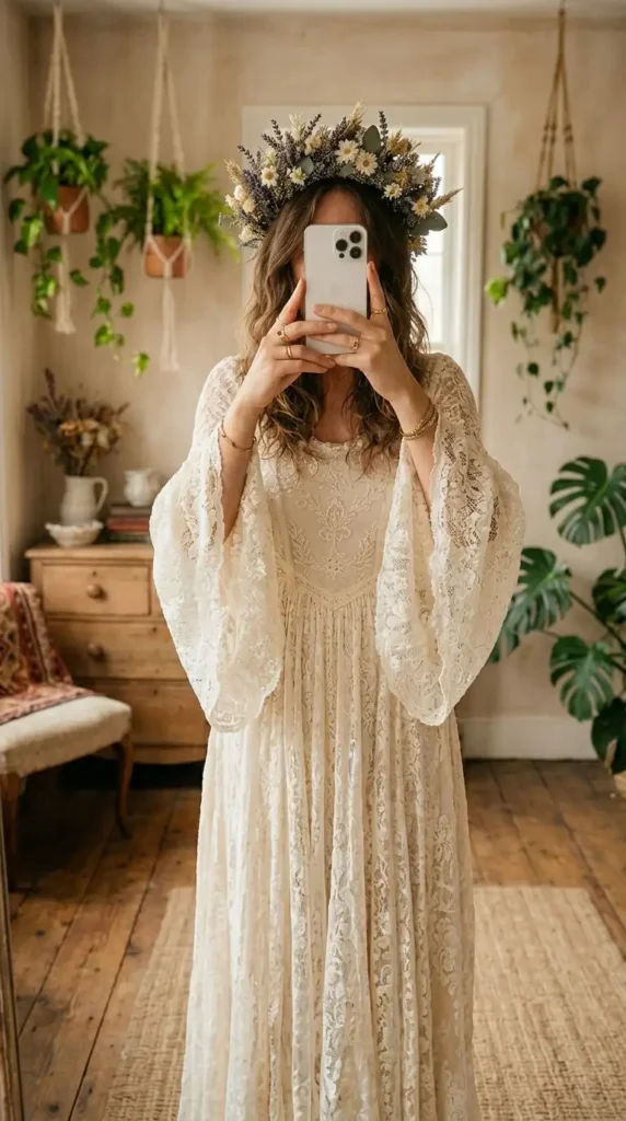 Ethereal wedding outfit idea: cream bohemian lace gown with wide sleeves and dried floral crown