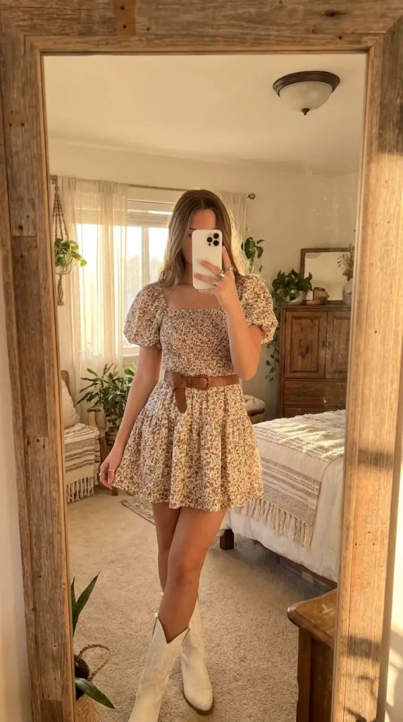 Summer Birthday Outfit Ideas for Teens: floral puff sleeve mini dress, brown belt & white cowboy boots