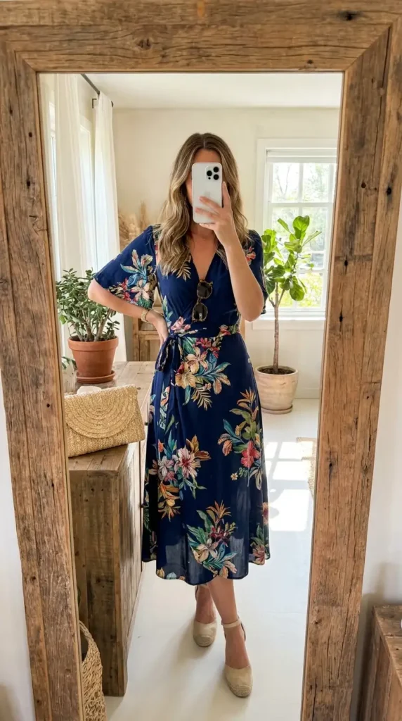 Wedding guest outfit ideas: navy blue tropical floral wrap midi dress with espadrille wedges