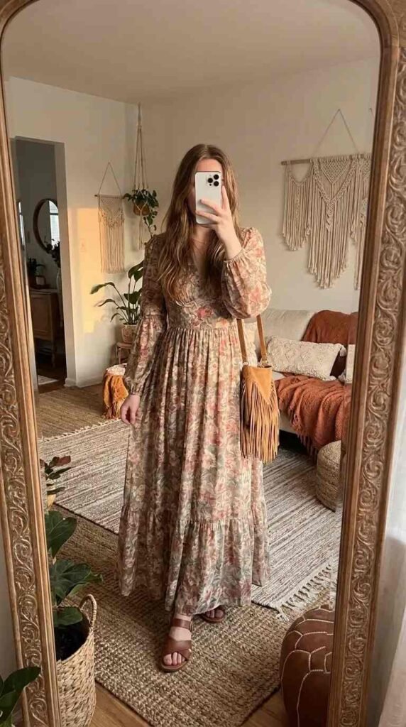 Dreamy 70s Boho Outfit Ideas: flowy floral maxi dress in dusty pink tones, paired with sandals and a fringe bag.