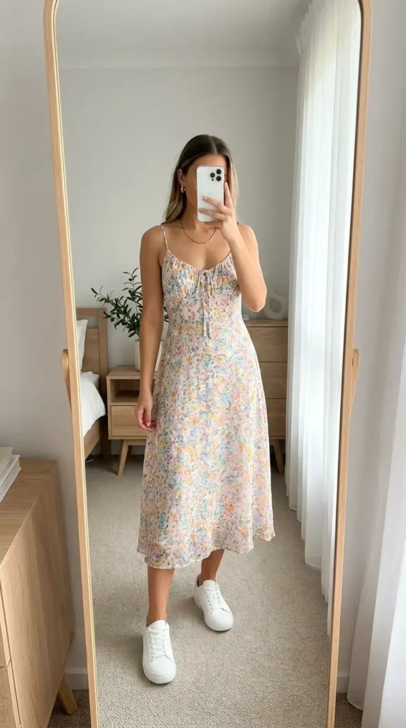 Flowy floral midi dress with white sneakers – a casual Family Birthday Outfit Idea for Women