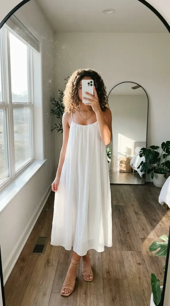 Summer Birthday Outfit Ideas for Teens: flowy white maxi sundress with strappy sandals & layered necklace