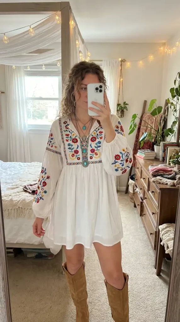 Dreamy 70s Boho Outfit Ideas: white folk-inspired embroidered mini dress with turquoise jewelry and tall suede boots.
