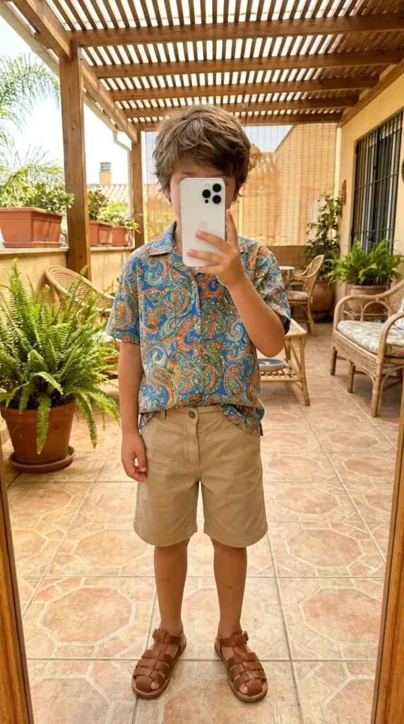 70s Outfit Ideas for Boys: colorful paisley graphic print button-up shirt with khaki shorts and brown leather sandals outdoors.