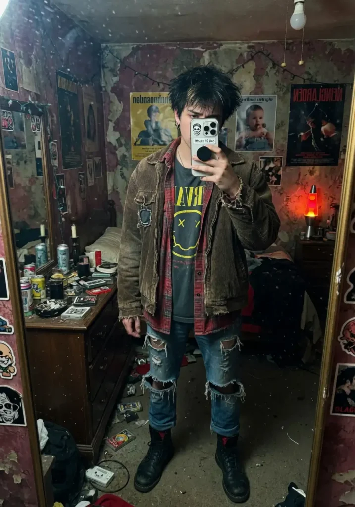 Grunge-inspired 90s style outfit ideas for men: band tee, flannel, corduroy jacket, ripped jeans, and combat boots