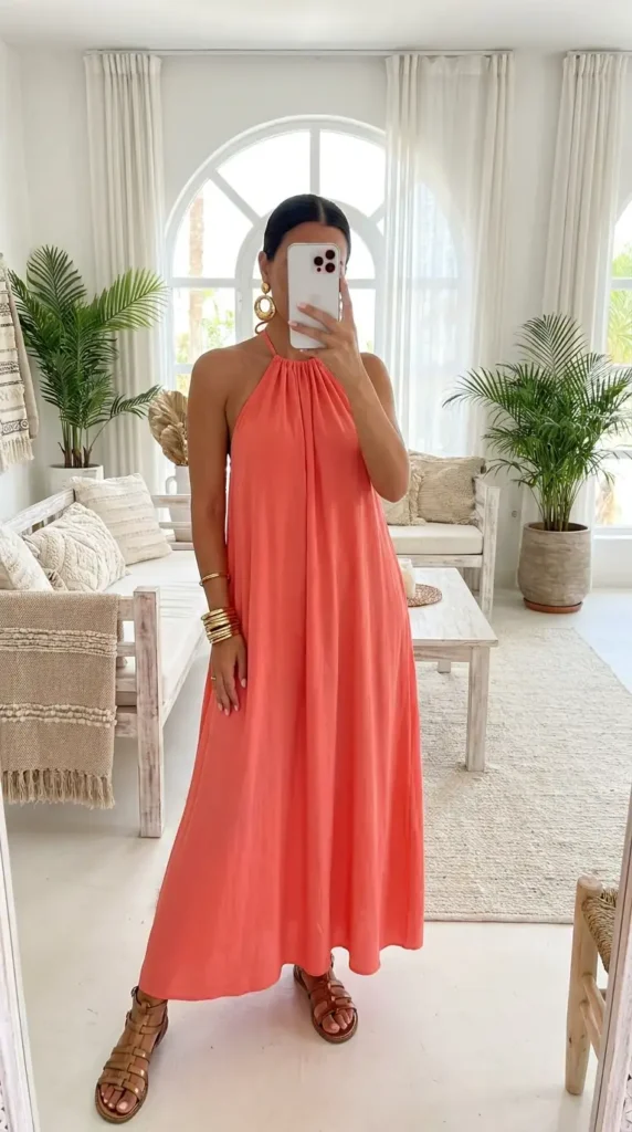 Wedding guest outfit ideas: coral halter neck maxi dress with gold bangles and brown sandals.
