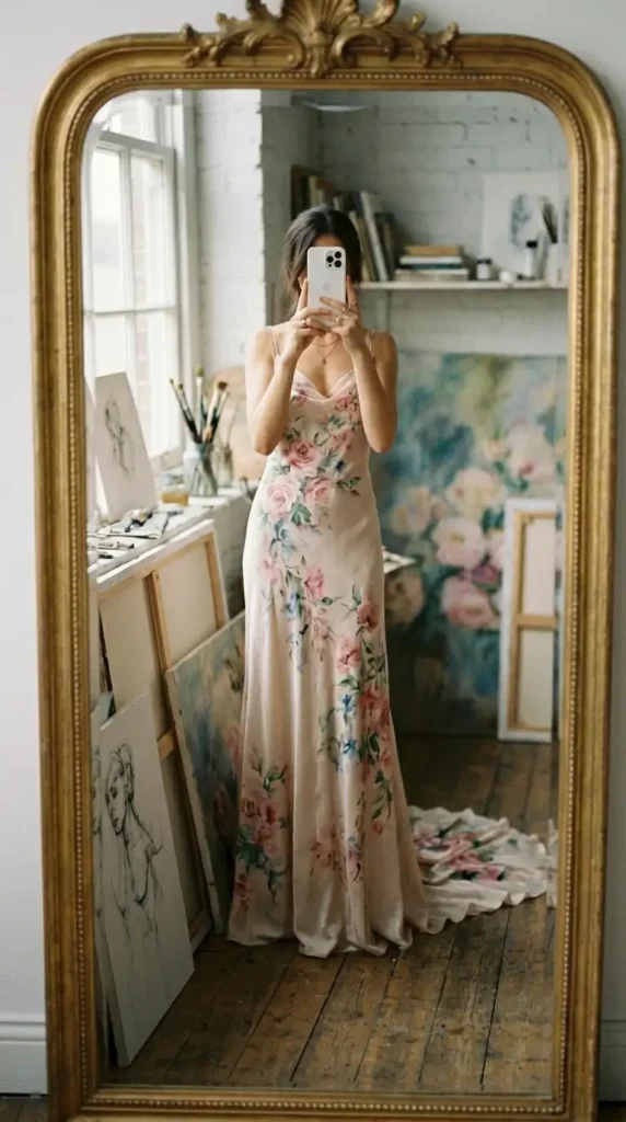 Hand-painted watercolor floral satin gown — a romantic ethereal wedding outfit idea, mirror selfie