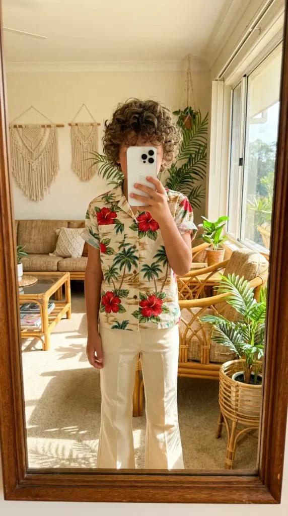 70s Outfit Ideas for Boys: Hawaiian shirt with hibiscus and palm print paired with cream white flared trousers in a boho room.