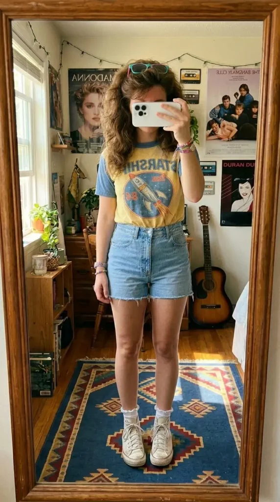 Best Stranger Things outfit ideas 80s Eleven: tucked Starship tee with frayed high-waisted denim shorts and Converse.
