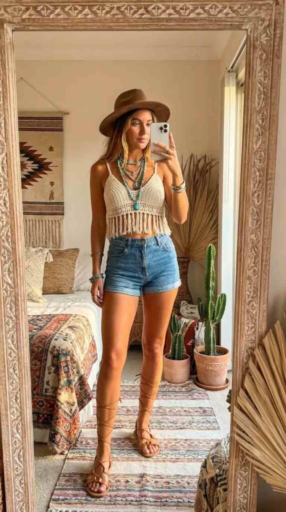 Dreamy 70s Boho Outfit Ideas: crochet fringe crop top, denim shorts, wide-brim hat, and lace-up gladiator sandals.