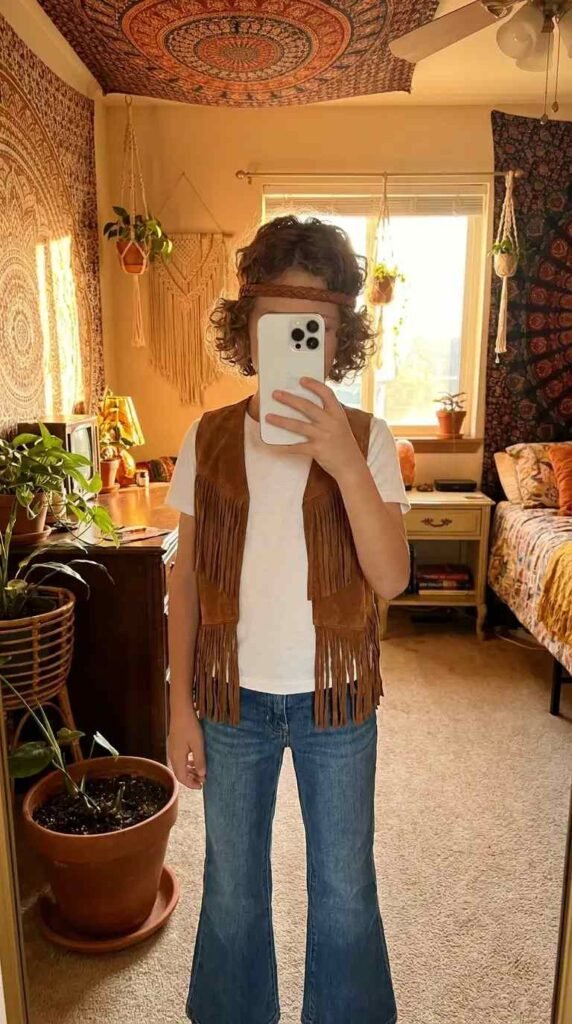 70s Outfit Ideas for Boys: hippie fringe suede vest over a white tee with flared jeans and a braided headband accessory.