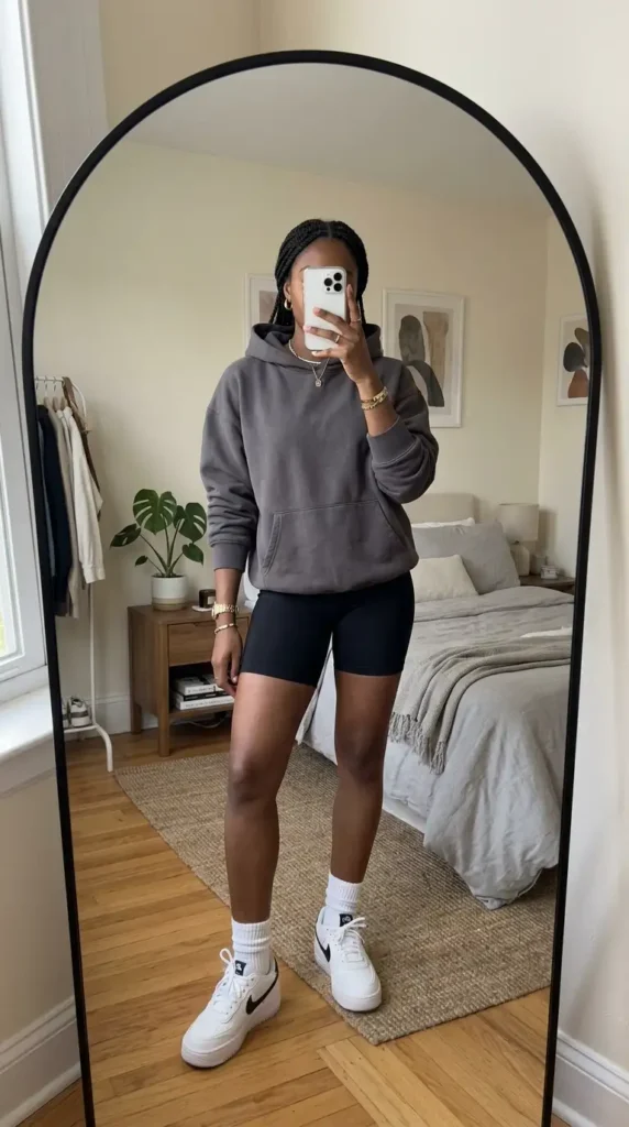 Casual Black woman in grey hoodie paired with black biker shorts and white sneakers, mirror selfie look. Black Women Baddie Outfit Ideas.