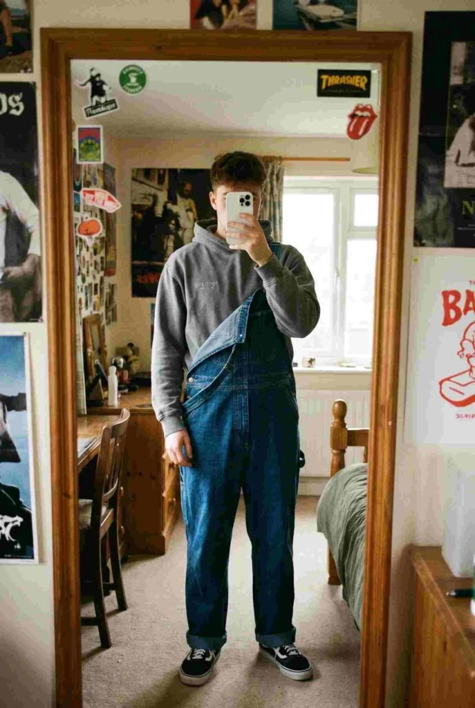 Hoodie layered under denim overalls — an effortless 90s style outfit idea for men with a skater streetwear edge.