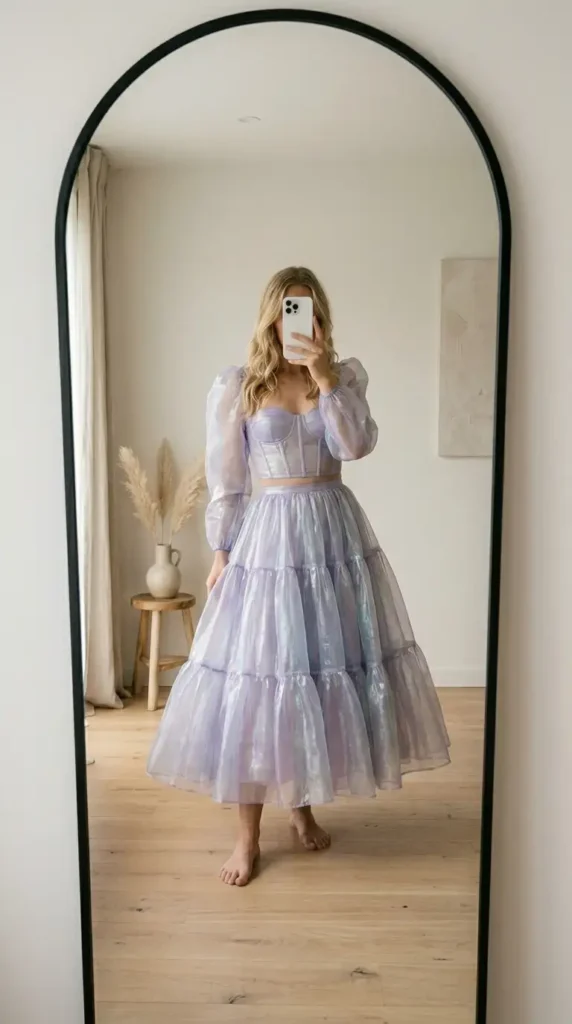Iridescent lavender organza two-piece corset set — a dreamy ethereal wedding outfit idea
