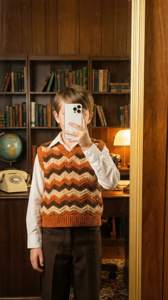 70s Outfit Ideas for Boys: chevron knit sweater vest over a white collared shirt with dark trousers in a vintage-style study.