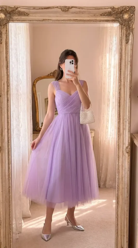 Wedding guest outfit ideas: lavender tulle midi dress with pearl bag and silver slingback heels