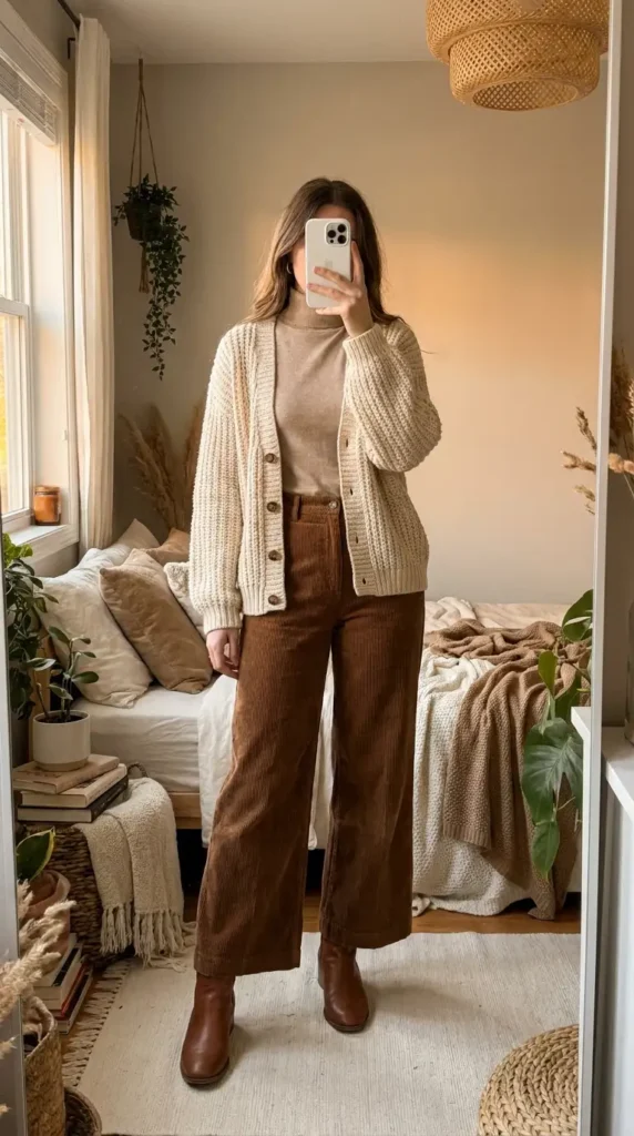 Casual Outdoor Pre-Wedding Outfit Ideas: cream knit cardigan over a turtleneck with wide-leg brown cords