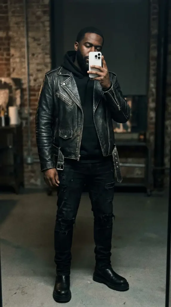 Casual black men outfit ideas: distressed leather biker jacket over a hoodie with ripped jeans and tall boots.