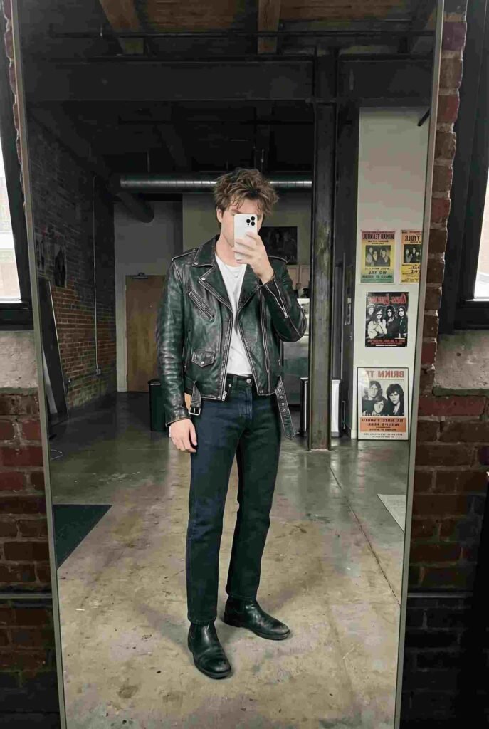 Classic 90s style outfit ideas for men: black leather jacket, plain tee, and slim black jeans for an edgy look