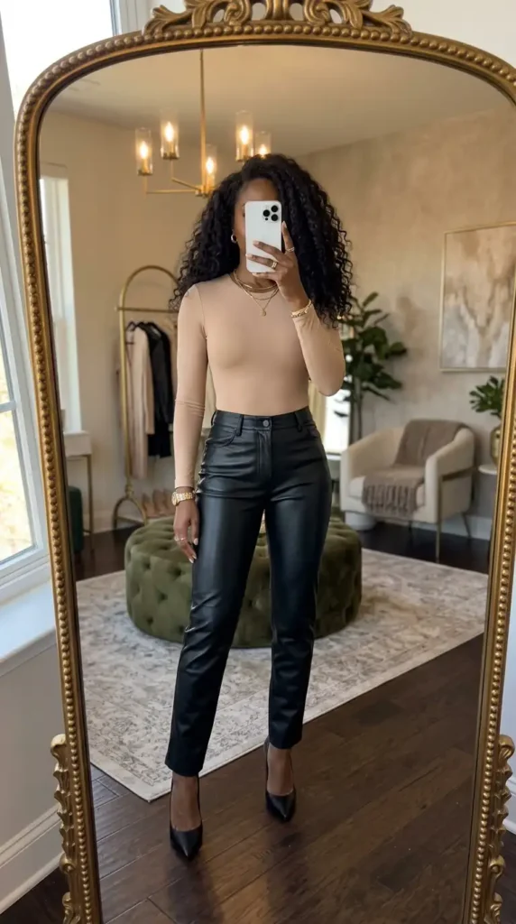 Chic Black woman wearing beige bodysuit with black leather pants and heels in luxurious setting. Black Women Baddie Outfit Ideas.