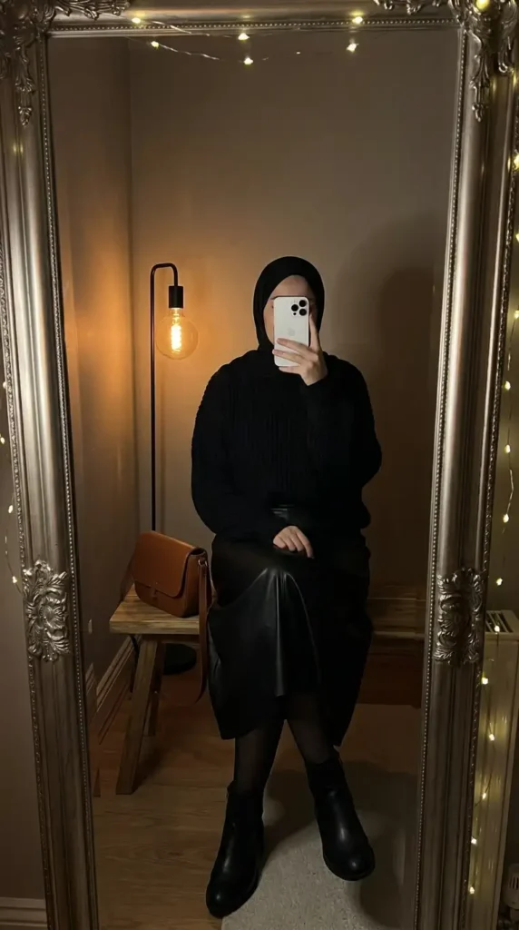 Black leather midi skirt with cable knit sweater and boots — black outfit ideas for women with hijab

