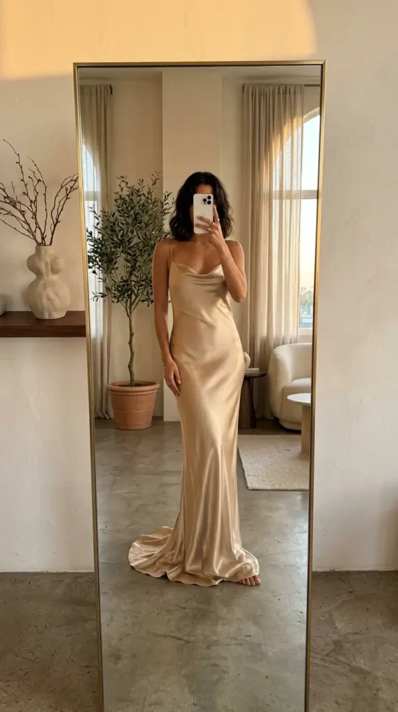 Liquid champagne satin slip gown with floor-length train — a sleek ethereal wedding outfit idea
