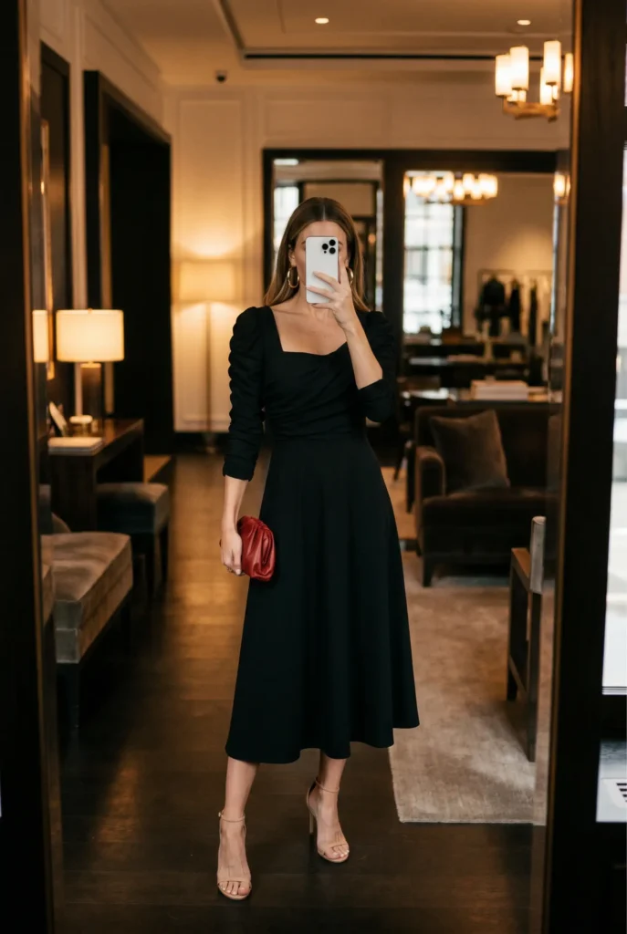 Elegant black midi dress with ruched sleeves – a chic Family Birthday Outfit Idea for Women