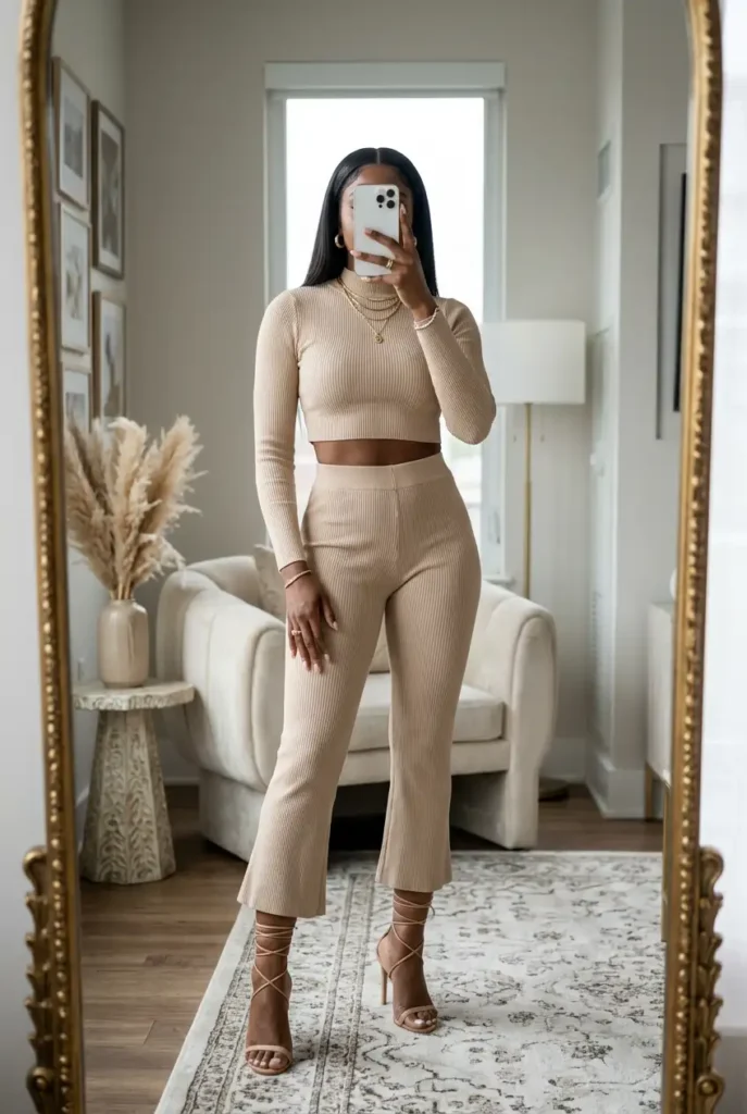 Sleek Black woman in matching beige ribbed crop top and flared pants set with strappy heels. Black Women Baddie Outfit Ideas.