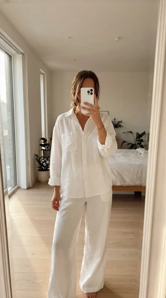 Casual Outdoor Pre-Wedding Outfit Ideas: all-white linen button-down shirt paired with wide-leg trousers
