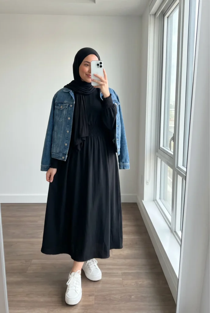 Modest black maxi dress with a blue denim jacket and sneakers — black outfit ideas for women with hijab
