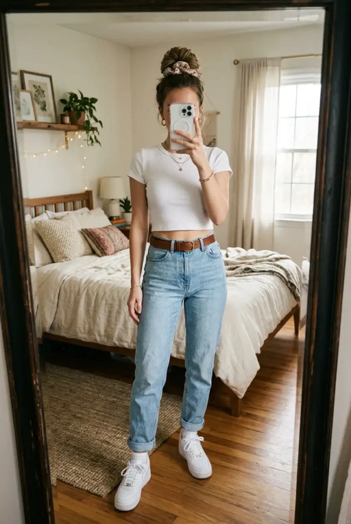 Mom Jeans and Crop Top with brown belt, scrunchie, and white sneakers — casual 90s Outfit Ideas for Women.