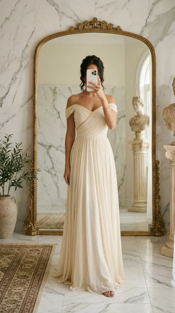 Off-shoulder cream chiffon goddess gown — a timeless ethereal wedding outfit idea, marble setting
