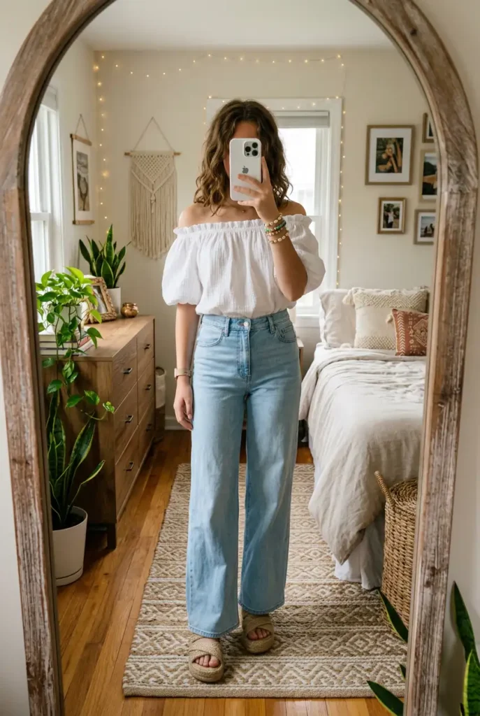 Summer Birthday Outfit Ideas for Teens: white off-shoulder top, wide-leg light wash jeans & espadrilles
