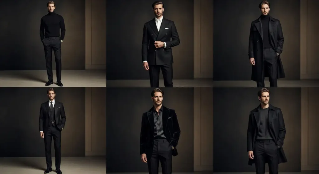 Old money black outfit ideas for men: a styled collage of six elegant looks from turtlenecks to overcoats and suits.