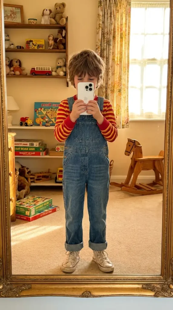 70s Outfit Ideas for Boys: denim overalls over a red and yellow striped long-sleeve shirt with cuffed hems and white Converse.