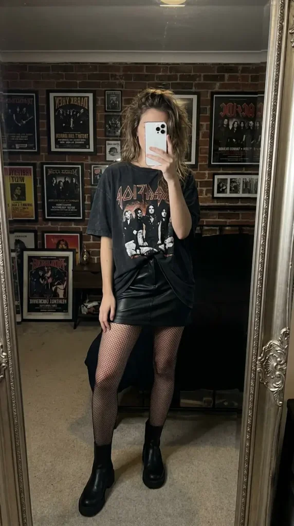 Black concert outfit ideas for women: oversized band tee, leather mini skirt, fishnet tights, and black ankle boots
