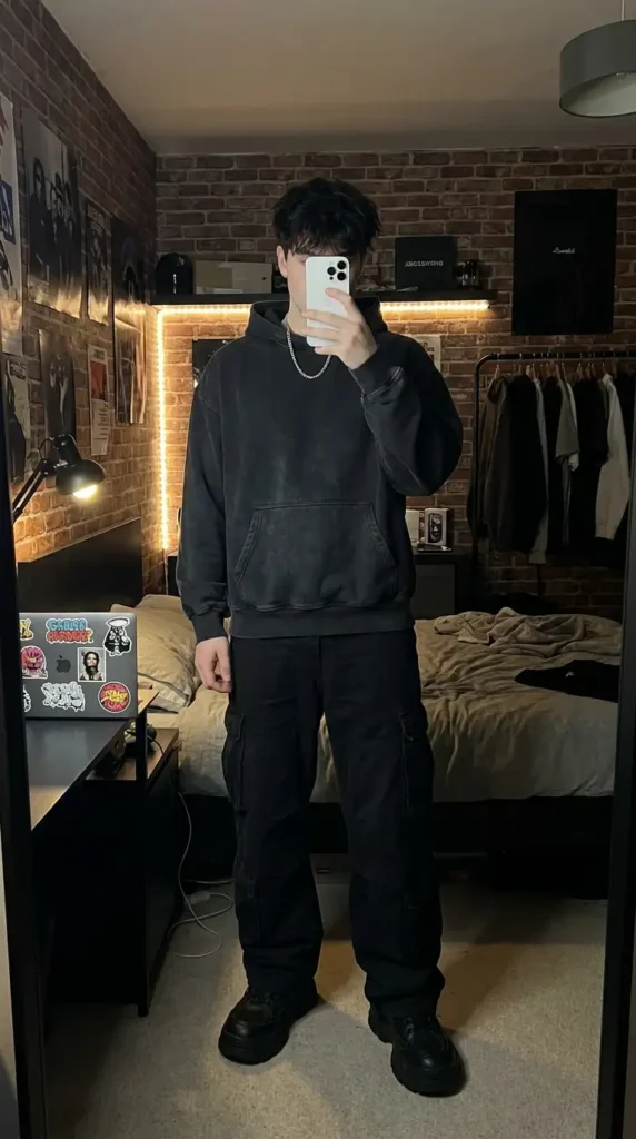 Casual black men outfit ideas: oversized washed black hoodie, cargo pants, and chunky boots with a silver chain