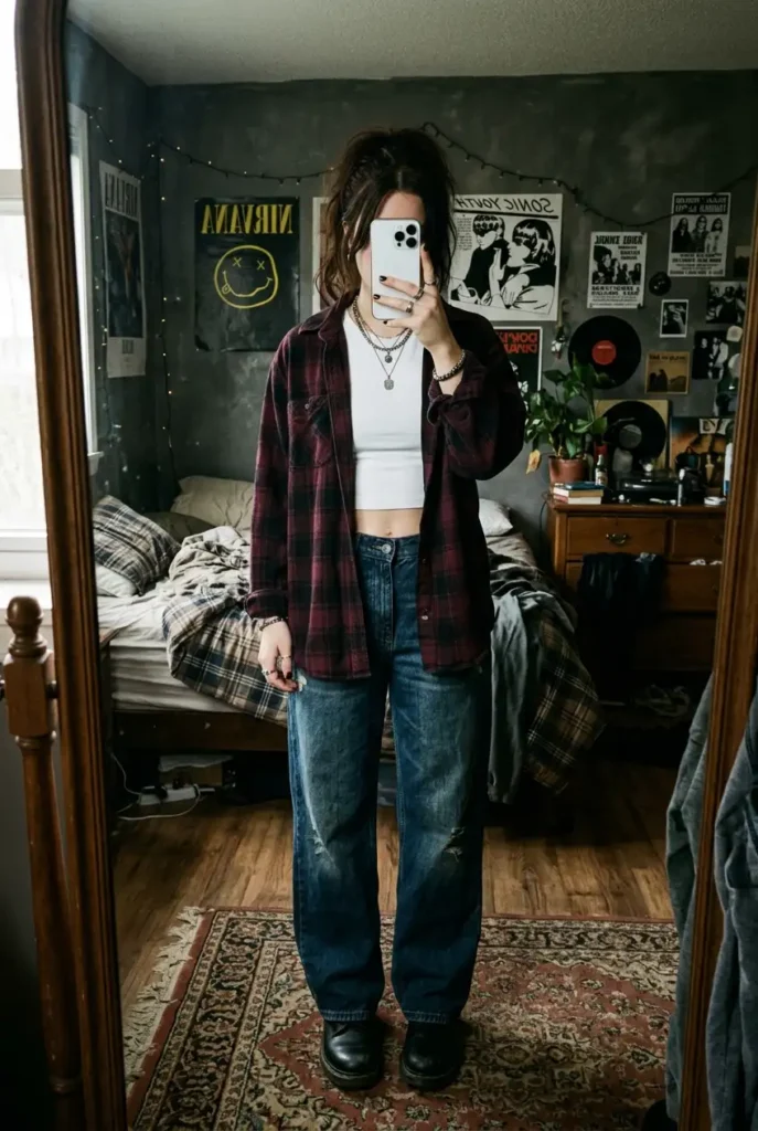 Oversized Flannel Grunge Look with wide-leg jeans and Dr. Martens — iconic 90s Outfit Ideas for Women