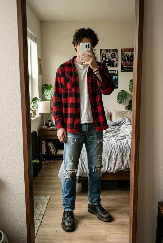 Oversized flannel shirt paired with ripped jeans — a staple 90s style outfit idea for men with grunge attitude.