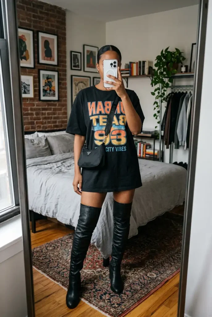 Edgy Black woman in oversized graphic tee with black thigh-high boots, mirror selfie style. Black Women Baddie Outfit Ideas.