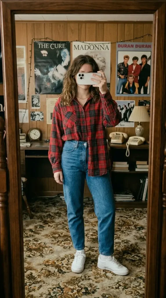 How to style mom jeans with an oversized red flannel, one of the top Stranger Things 80s Eleven outfit ideas.
