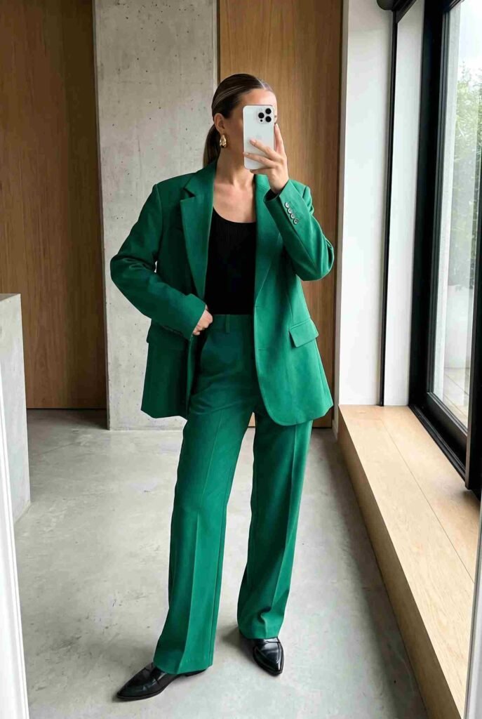 Oversized Power Suit in bold green with wide-leg trousers — statement 90s Outfit Ideas for Women.
