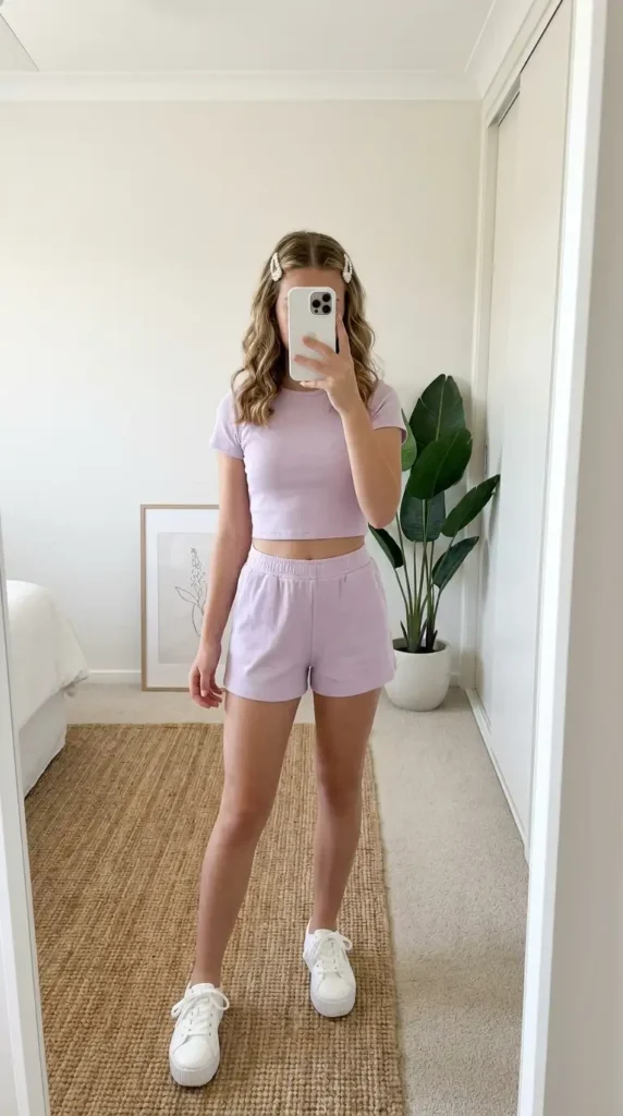 Summer Birthday Outfit Ideas for Teens: pastel lavender matching crop tee and shorts set with sneakers
